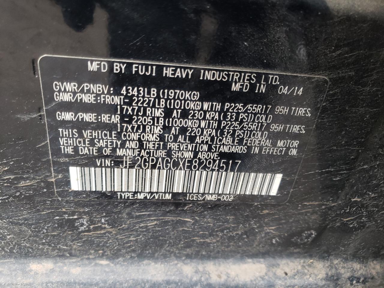 Photo 10 from auction – 2014 SUBARU XV CROSSTR with VIN JF2GPAGCXE8294517
