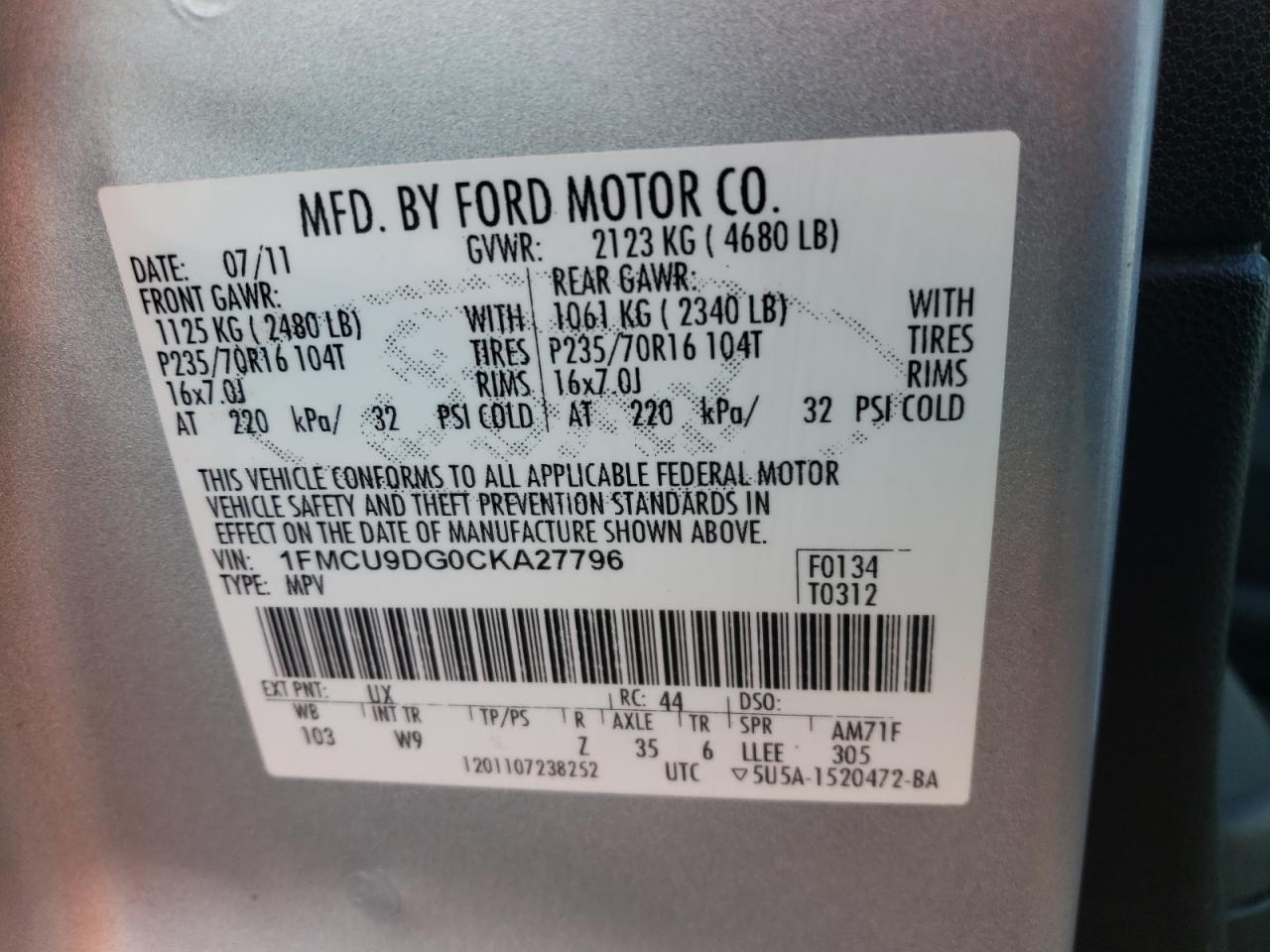 Photo 10 from auction – 2012 FORD ESCAPE XLT with VIN 1FMCU9DG0CKA27796