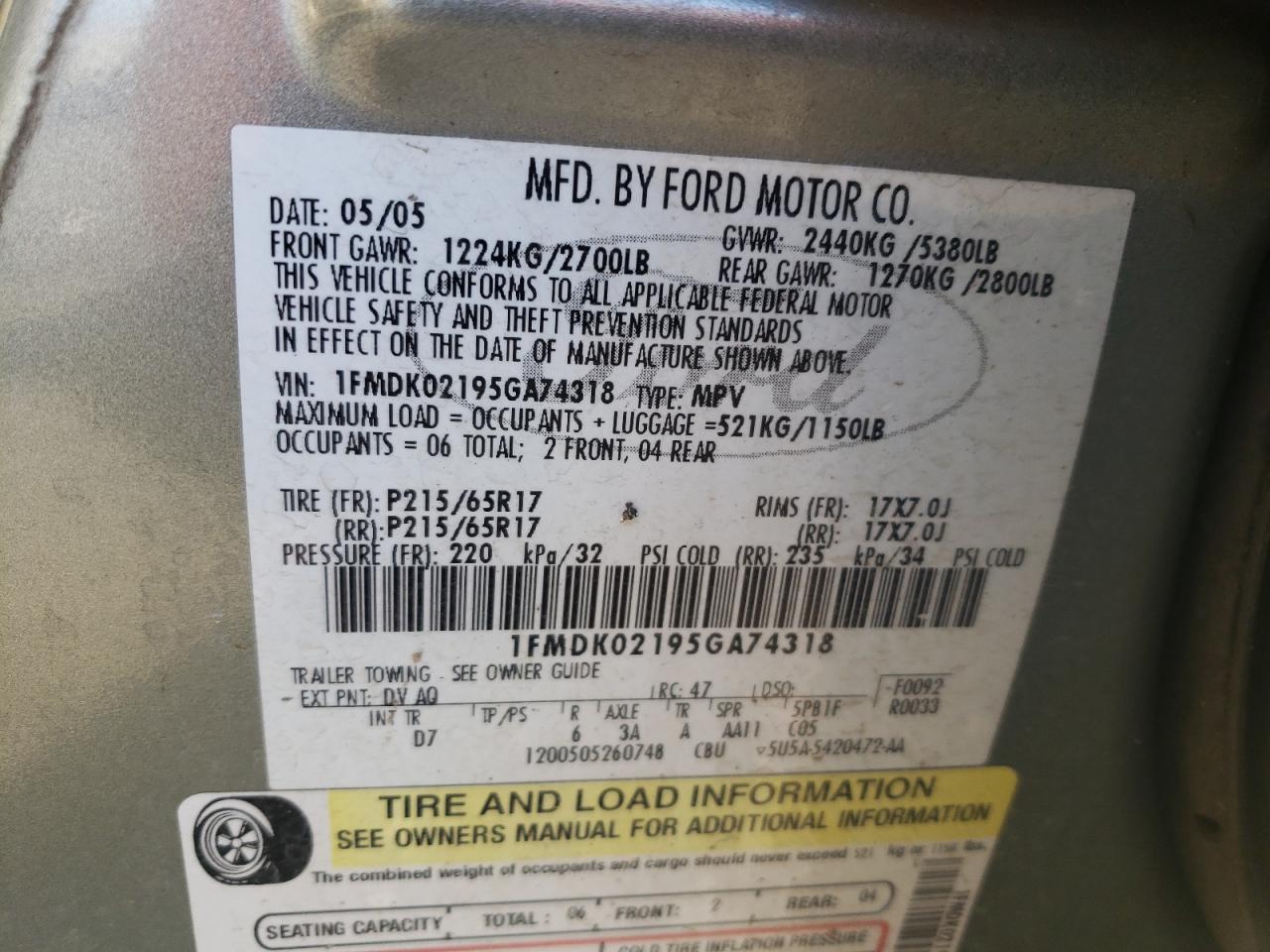 Photo 10 from auction – 2005 FORD FREESTYLE with VIN 1FMDK02195GA74318