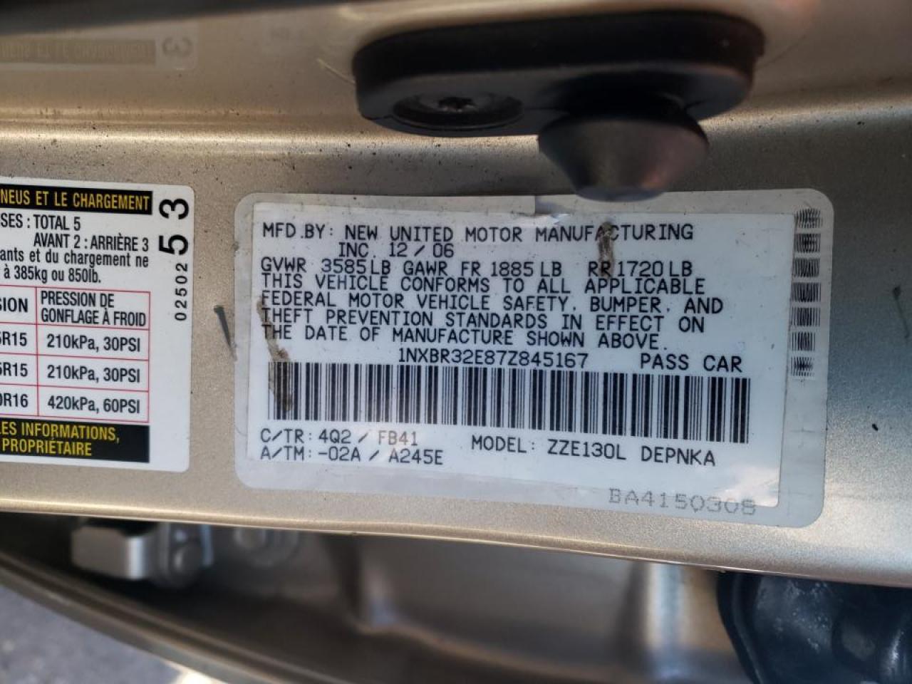 Photo 10 from auction – 2007 TOYOTA COROLLA CE with VIN 1NXBR32E87Z845167