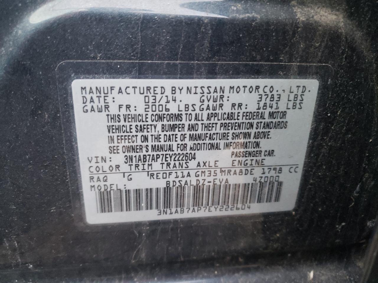 Photo 10 from auction – 2014 NISSAN SENTRA S with VIN 3N1AB7AP7EY222604