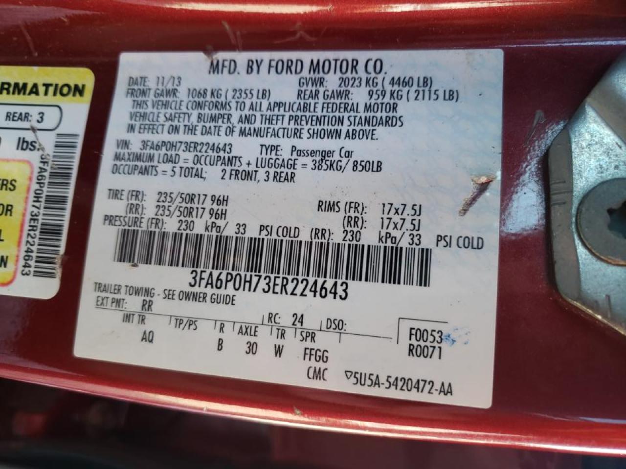 Photo 10 from auction – 2014 FORD FUSION SE with VIN 3FA6P0H73ER224643