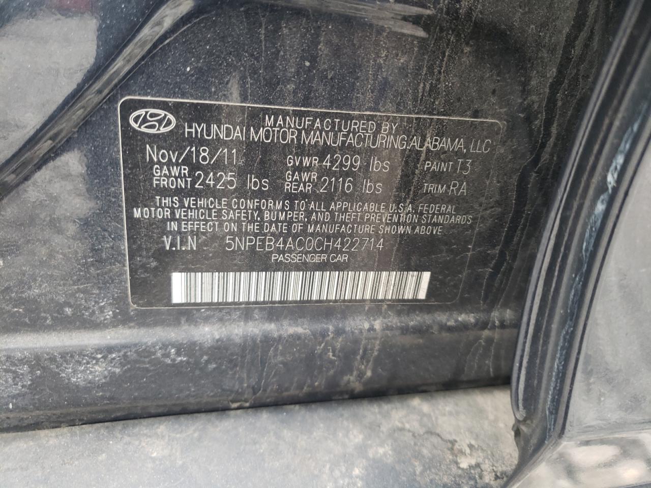 Photo 10 from auction – 2012 HYUNDAI SONATA GLS with VIN 5NPEB4AC0CH422714