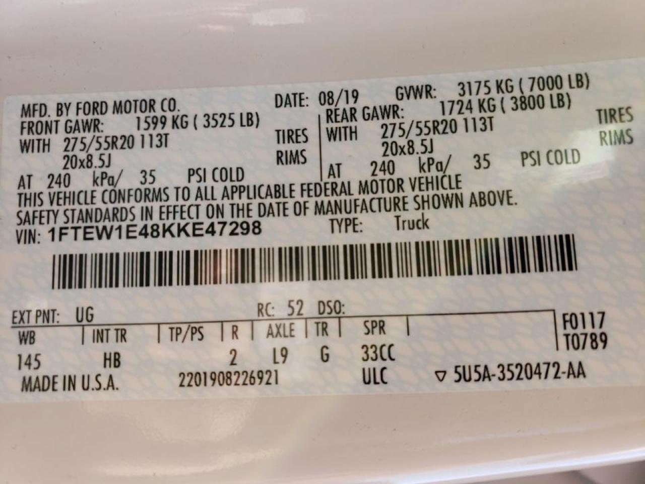 Photo 10 from auction – 2019 FORD F150 SUPER with VIN 1FTEW1E48KKE47298
