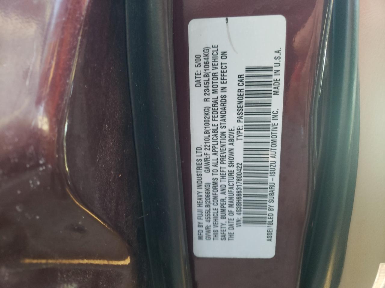 Photo 10 from auction – 2001 SUBARU LEGACY OUT with VIN 4S3BH686317600422