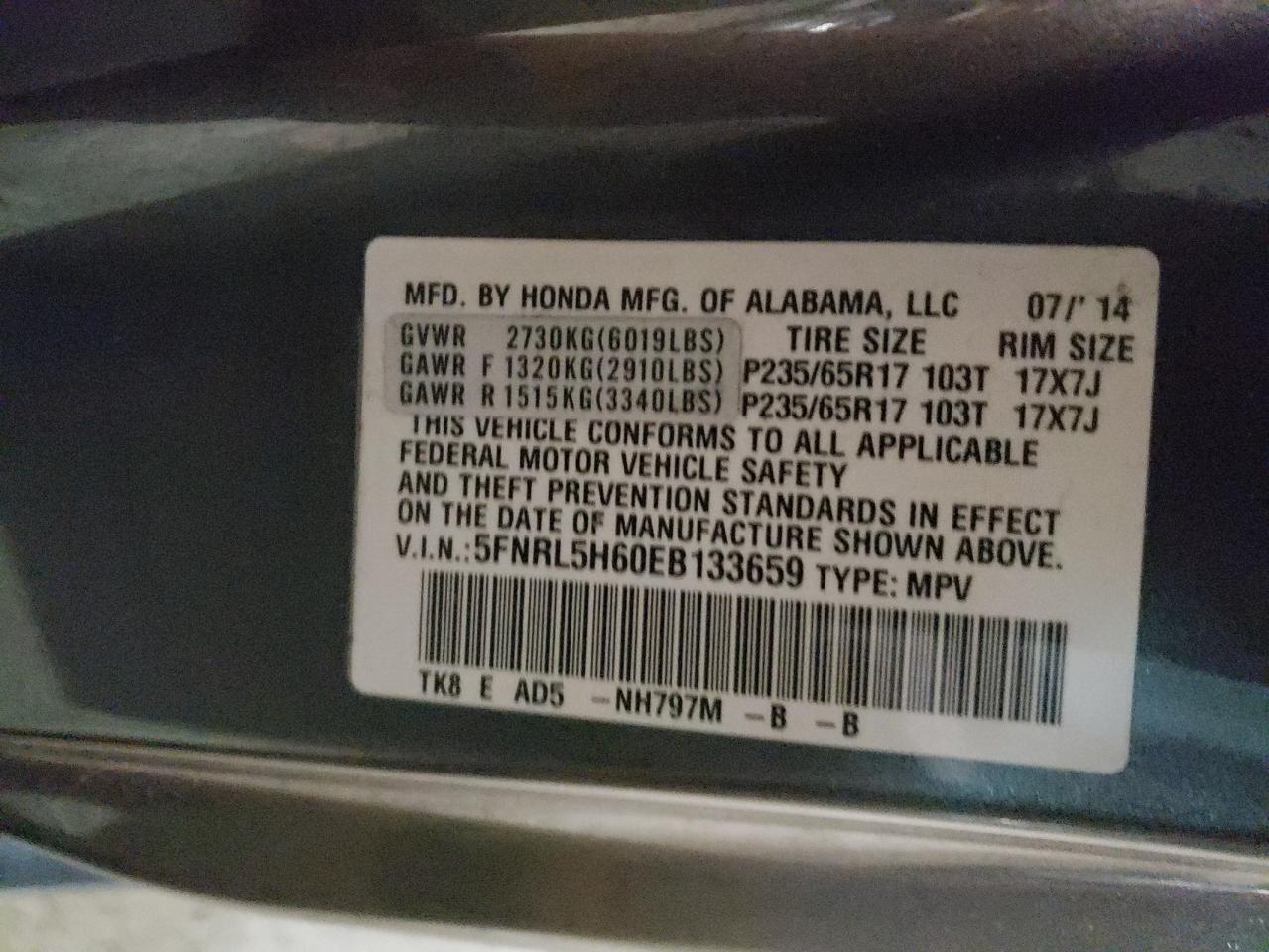 Photo 10 from auction – 2014 HONDA ODYSSEY EX with VIN 5FNRL5H60EB133659