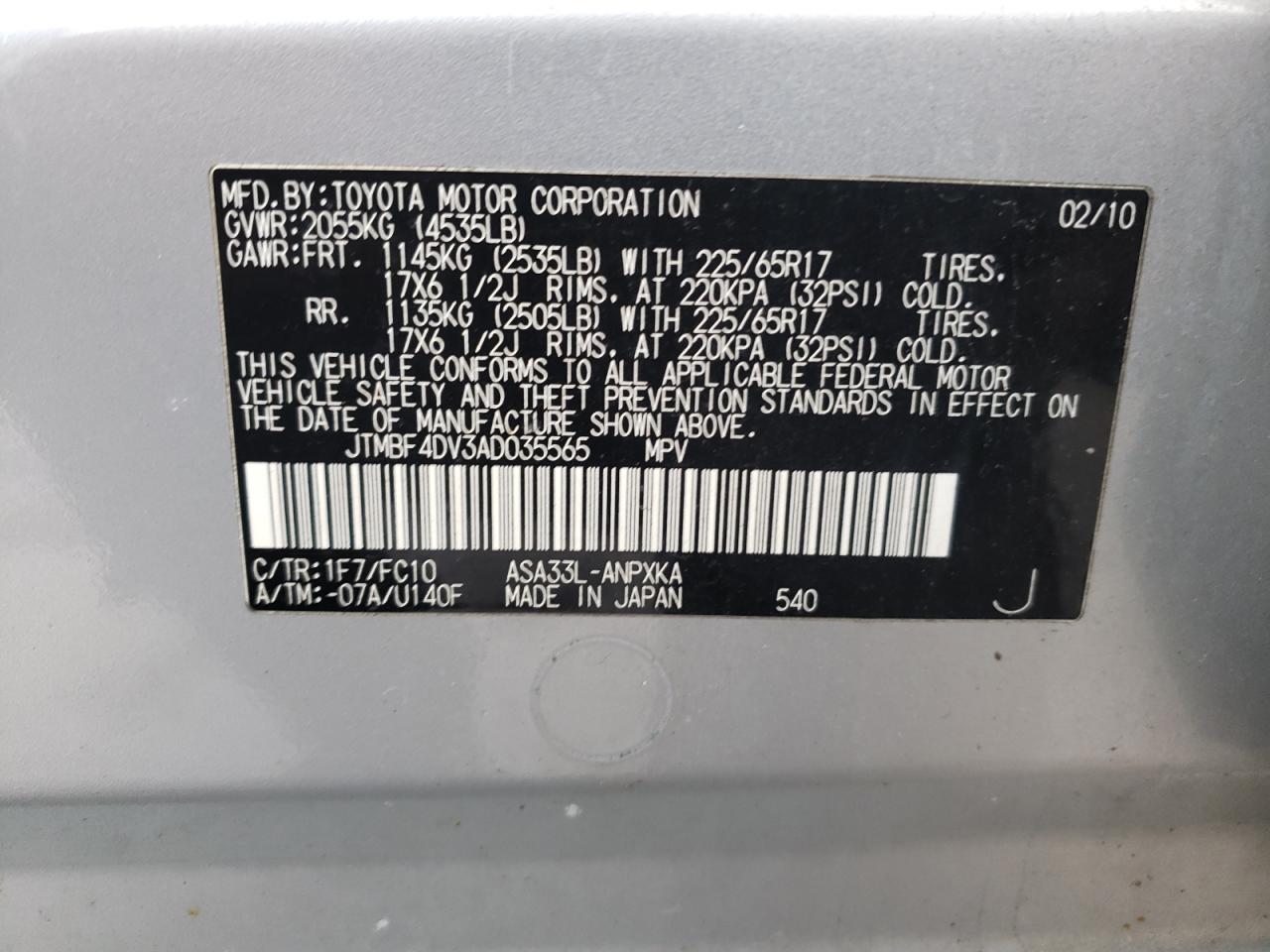 Photo 10 from auction – 2010 TOYOTA RAV4 with VIN JTMBF4DV3AD035565