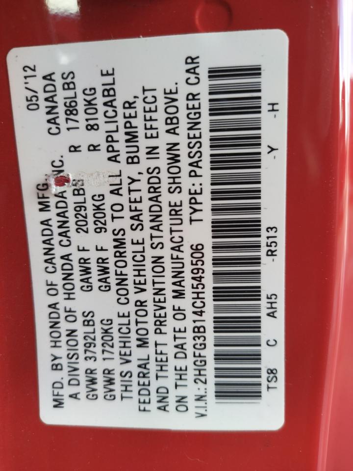Photo 10 from auction – 2012 HONDA CIVIC EXL with VIN 2HGFG3B14CH549506