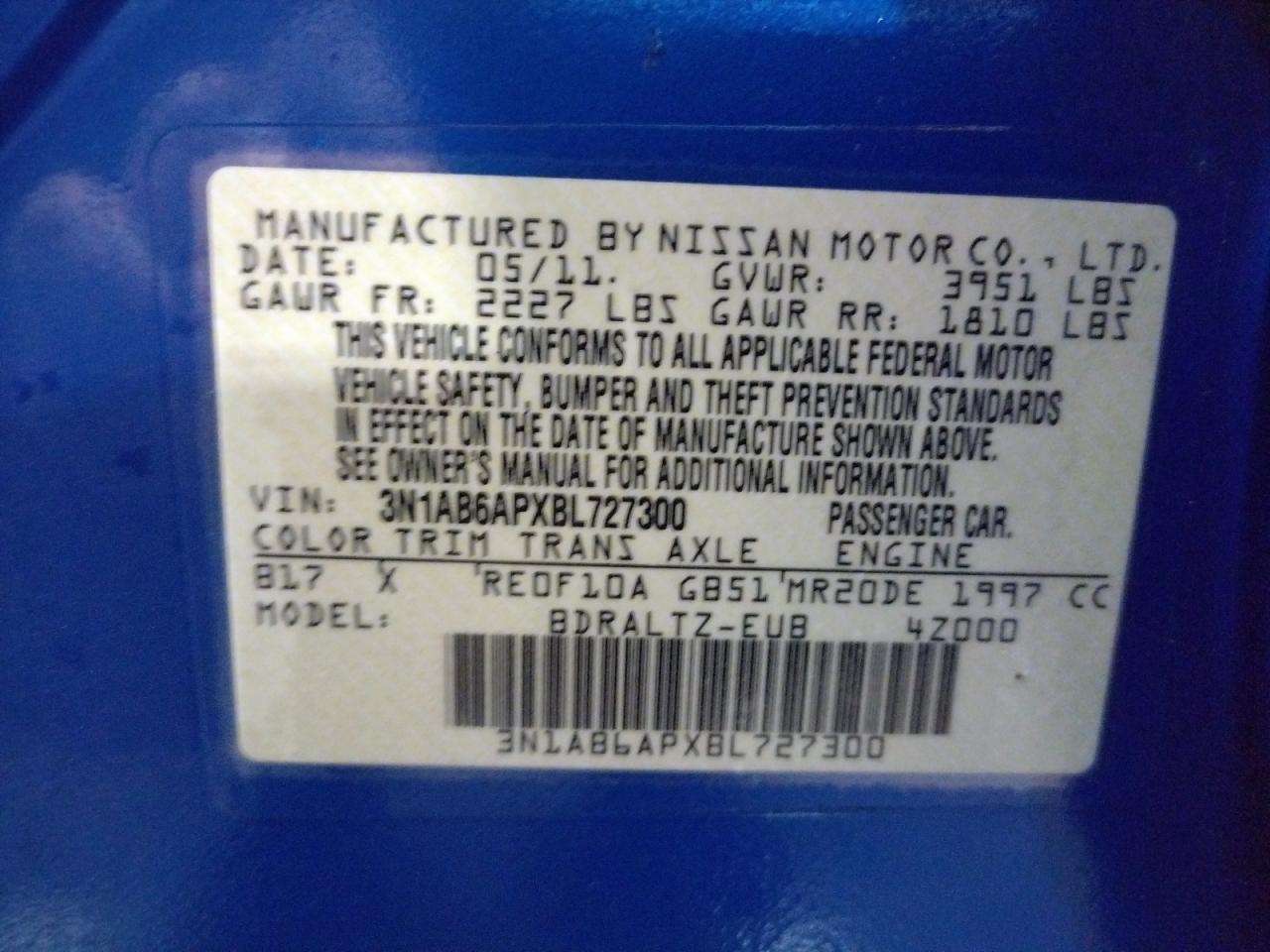 Photo 10 from auction – 2011 NISSAN SENTRA 2.0 with VIN 3N1AB6APXBL727300