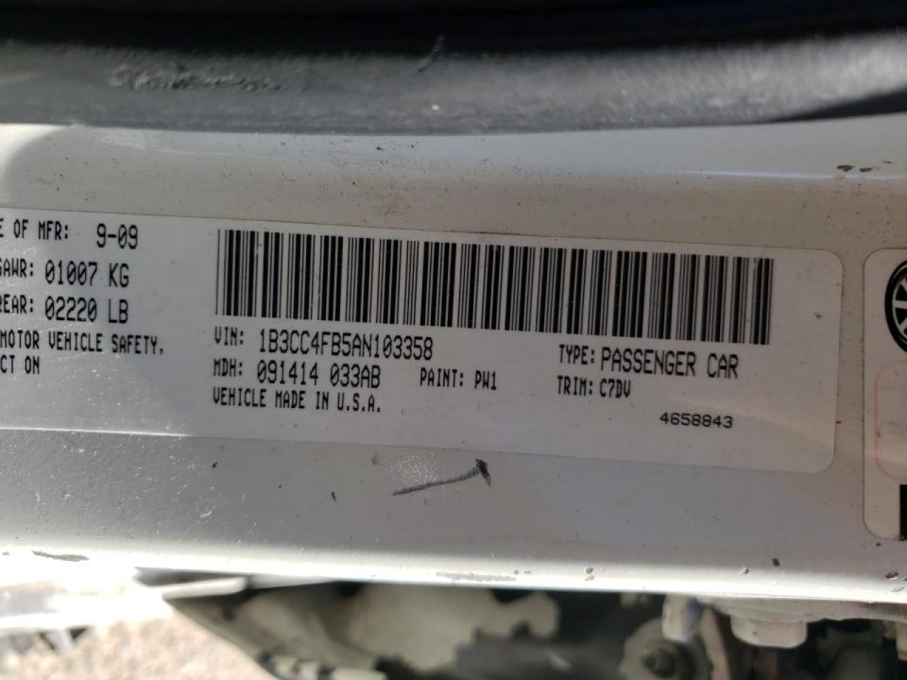 Photo 10 from auction – 2010 DODGE AVENGER SX with VIN 1B3CC4FB5AN103358