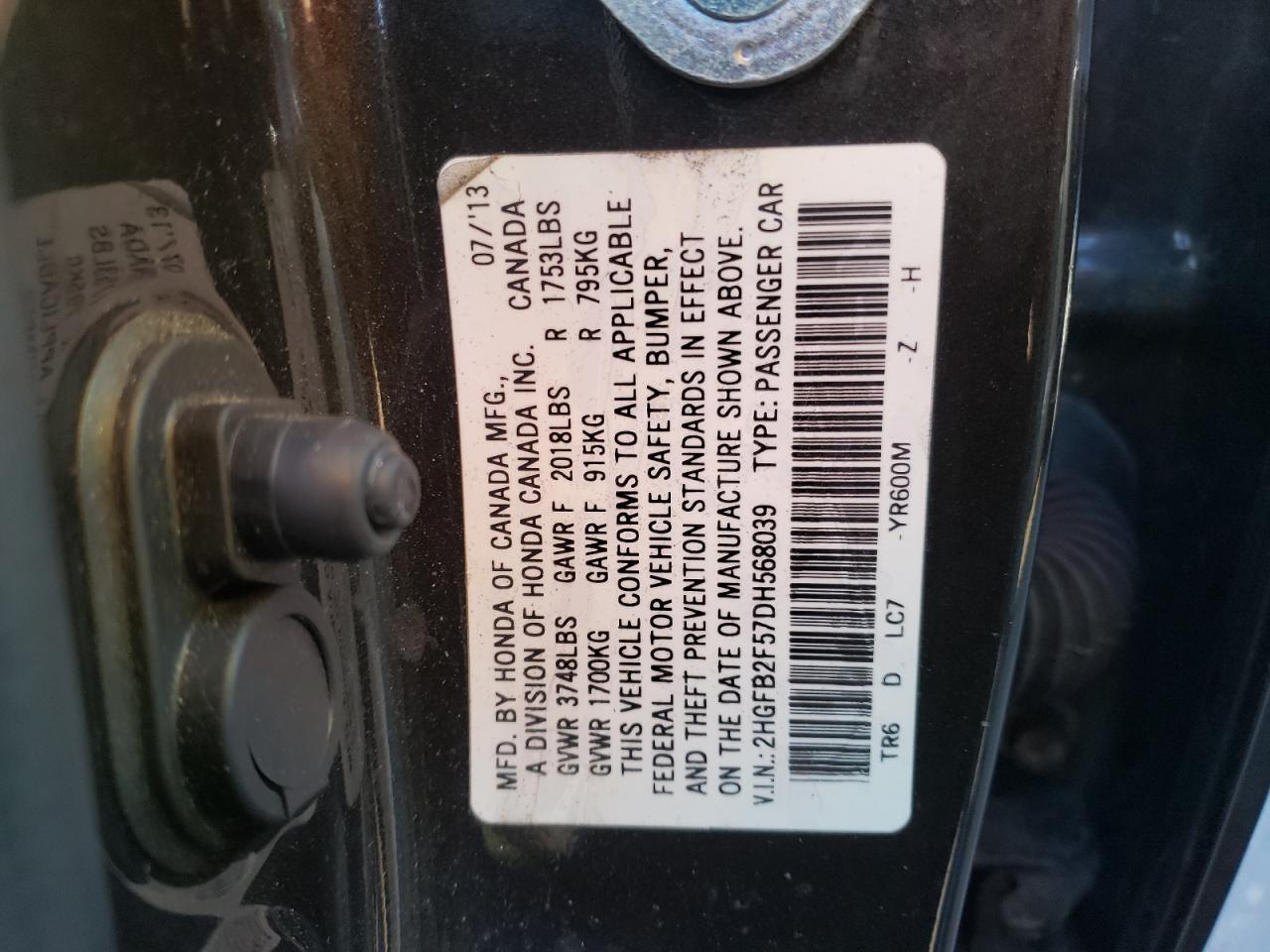 Photo 10 from auction – 2013 HONDA CIVIC LX with VIN 2HGFB2F57DH568039