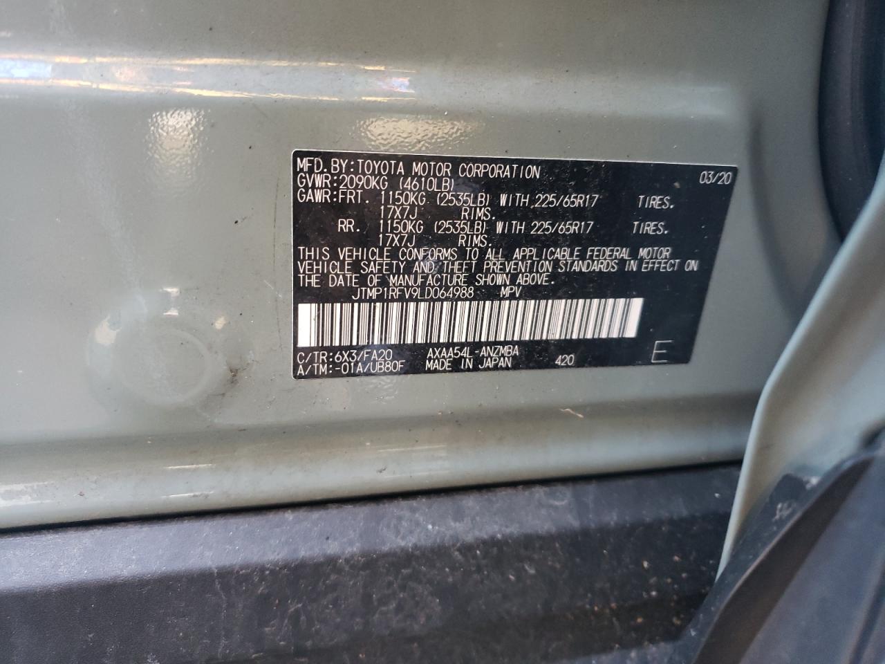 Photo 10 from auction – 2020 TOYOTA RAV4 XLE with VIN JTMP1RFV9LD064988