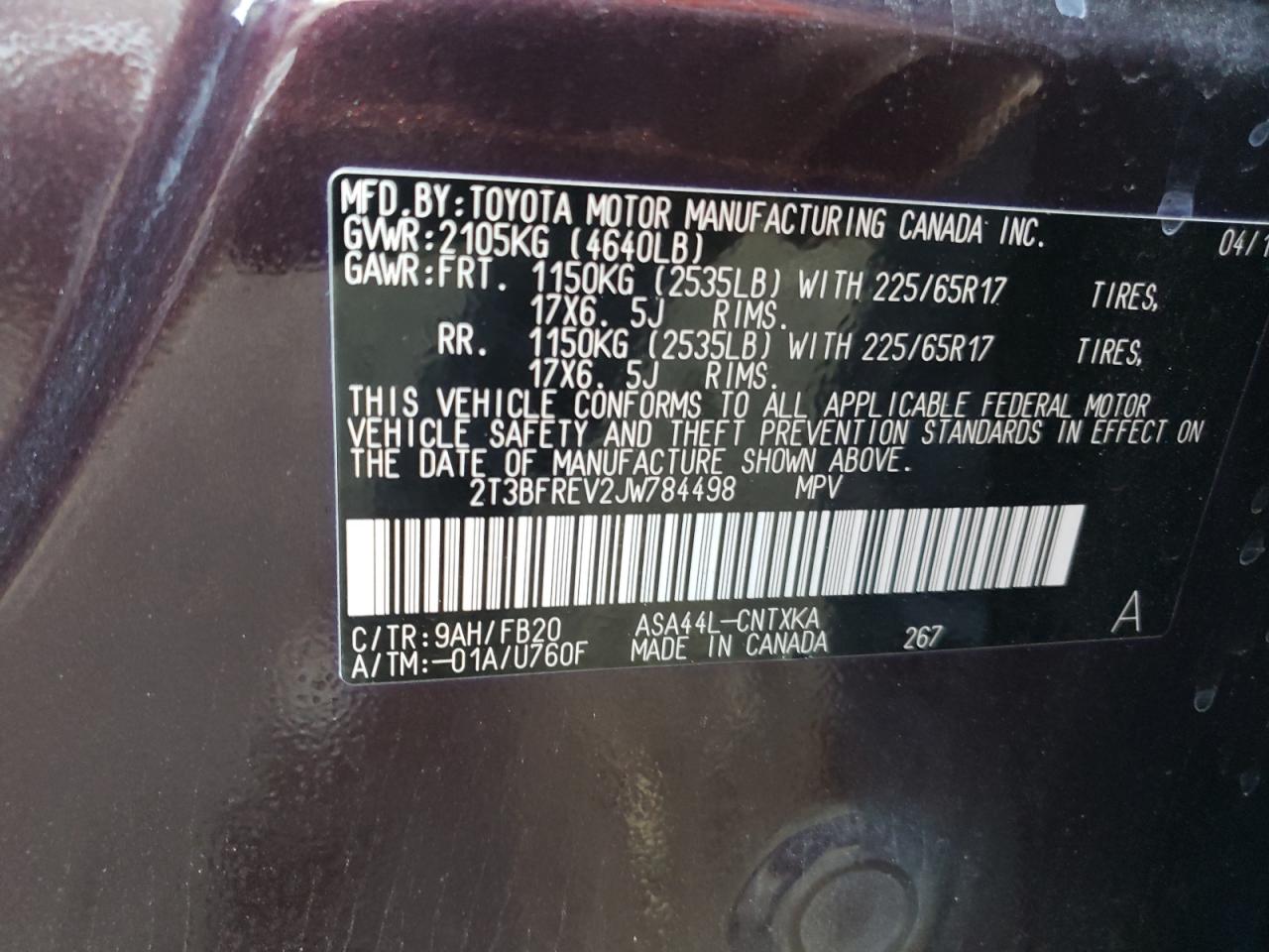 Photo 10 from auction – 2018 TOYOTA RAV4 LE with VIN 2T3BFREV2JW784498
