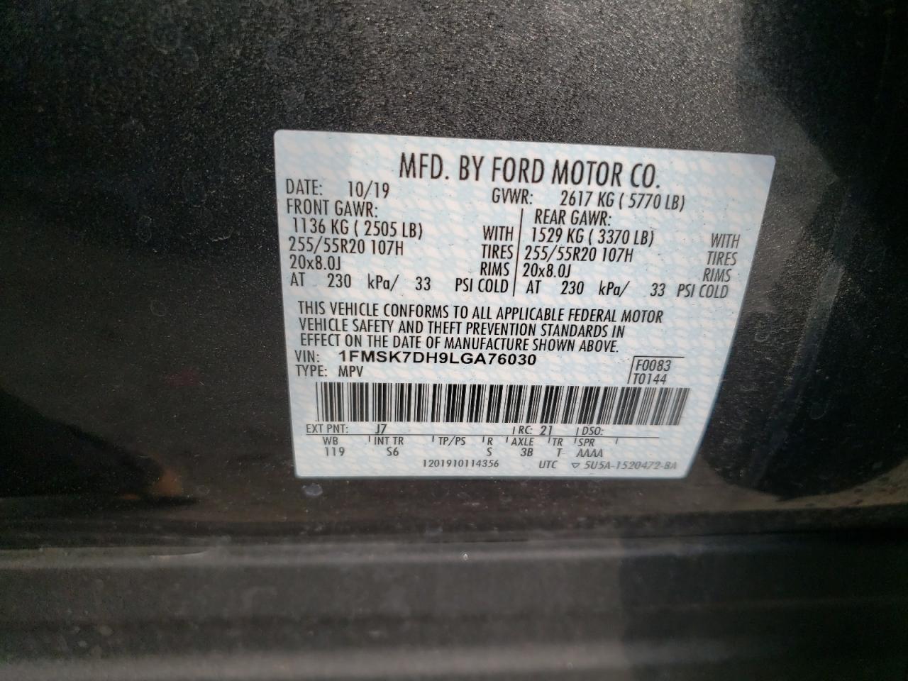 Photo 10 from auction – 2020 FORD EXPLORER X with VIN 1FMSK7DH9LGA76030