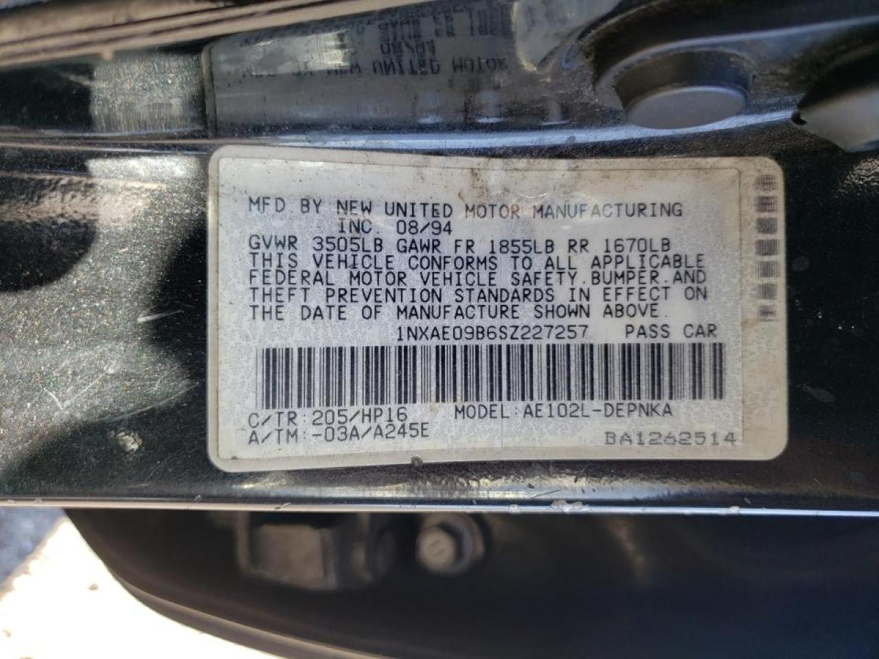 Photo 10 from auction – 1995 TOYOTA COROLLA LE with VIN 1NXAE09B6SZ227257