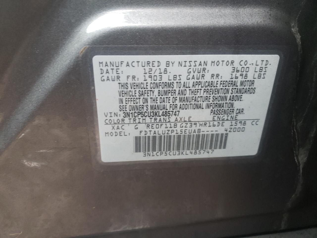 Photo 10 from auction – 2019 NISSAN KICKS S with VIN 3N1CP5CU3KL485747
