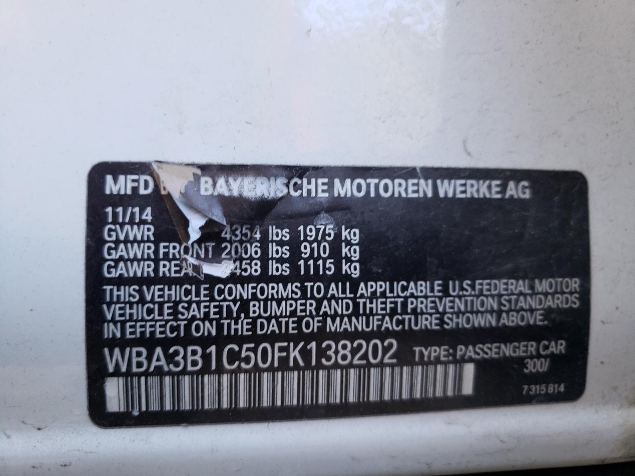Photo 10 from auction – 2015 BMW 320 I with VIN WBA3B1C50FK138202