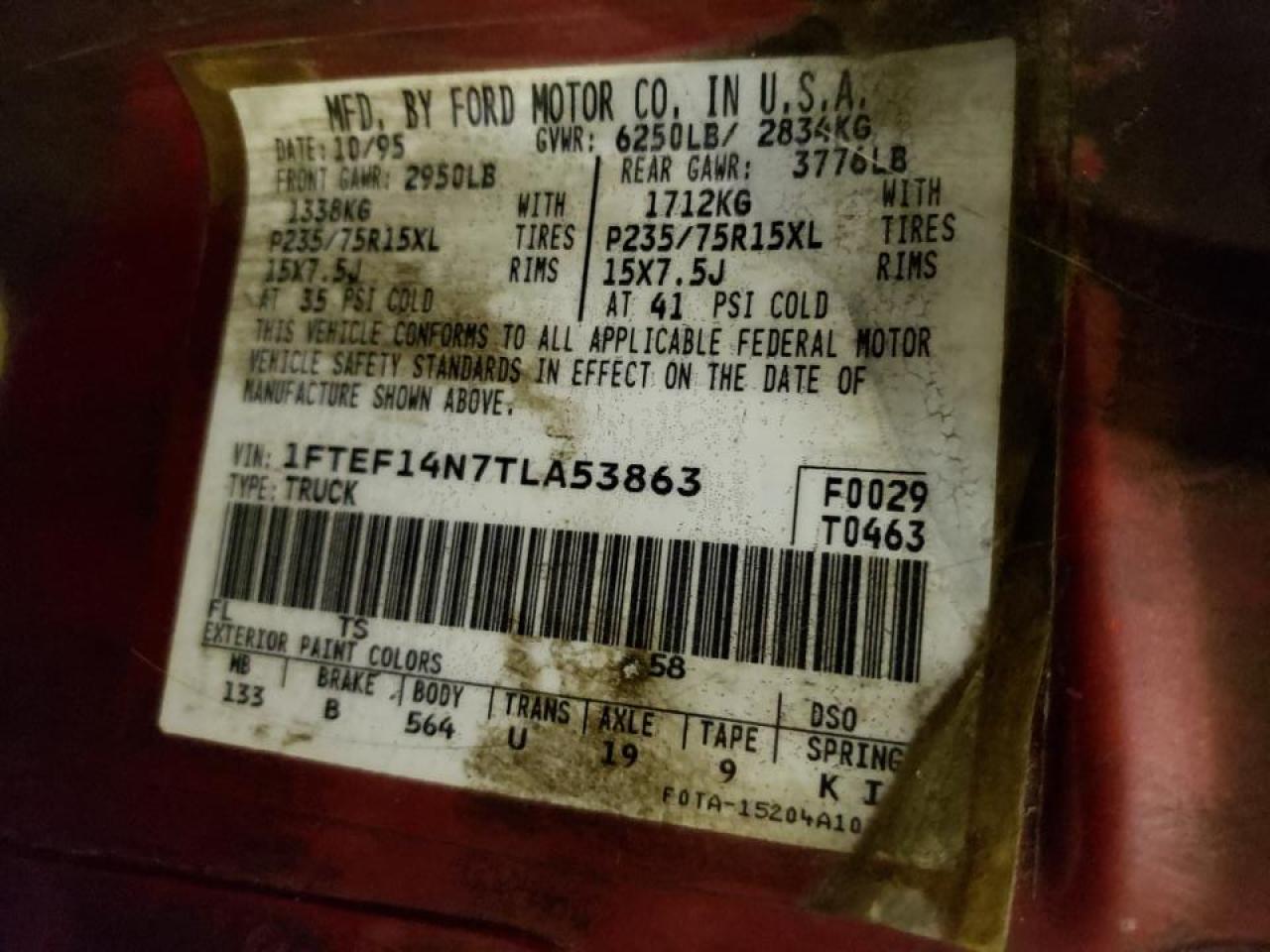 Photo 10 from auction – 1996 FORD F150 with VIN 1FTEF14N7TLA53863