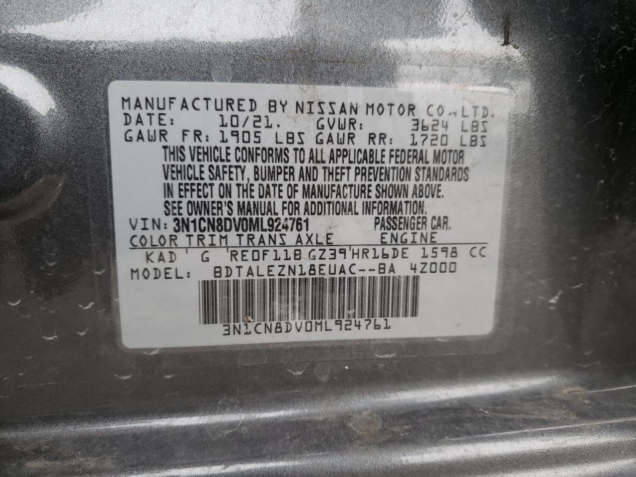Photo 10 from auction – 2021 NISSAN VERSA S with VIN 3N1CN8DV0ML924761