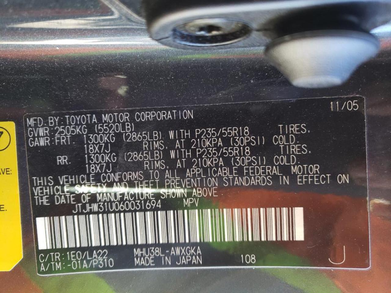 Photo 10 from auction – 2006 LEXUS RX 400 with VIN JTJHW31U060031694