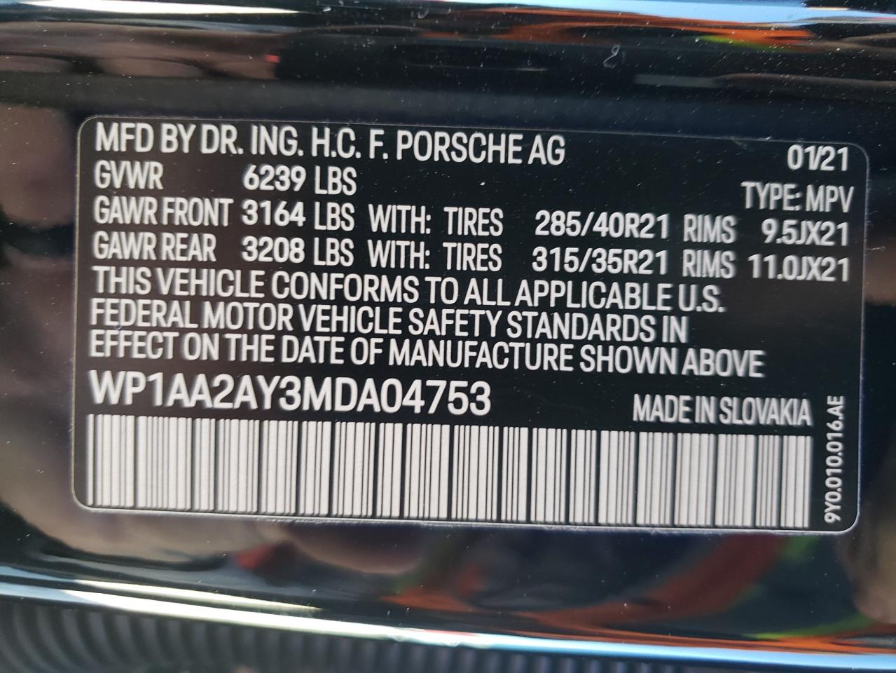 Photo 10 from auction – 2021 PORSCHE CAYENNE with VIN WP1AA2AY3MDA04753