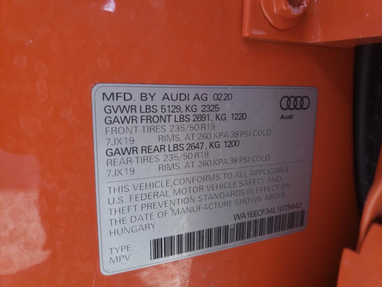 Photo 10 from auction – 2020 AUDI Q3 PREMIUM with VIN WA1EECF34L1075643