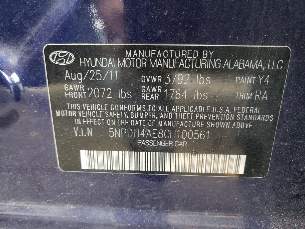 Photo 10 from auction – 2012 HYUNDAI ELANTRA GL with VIN 5NPDH4AE8CH100561