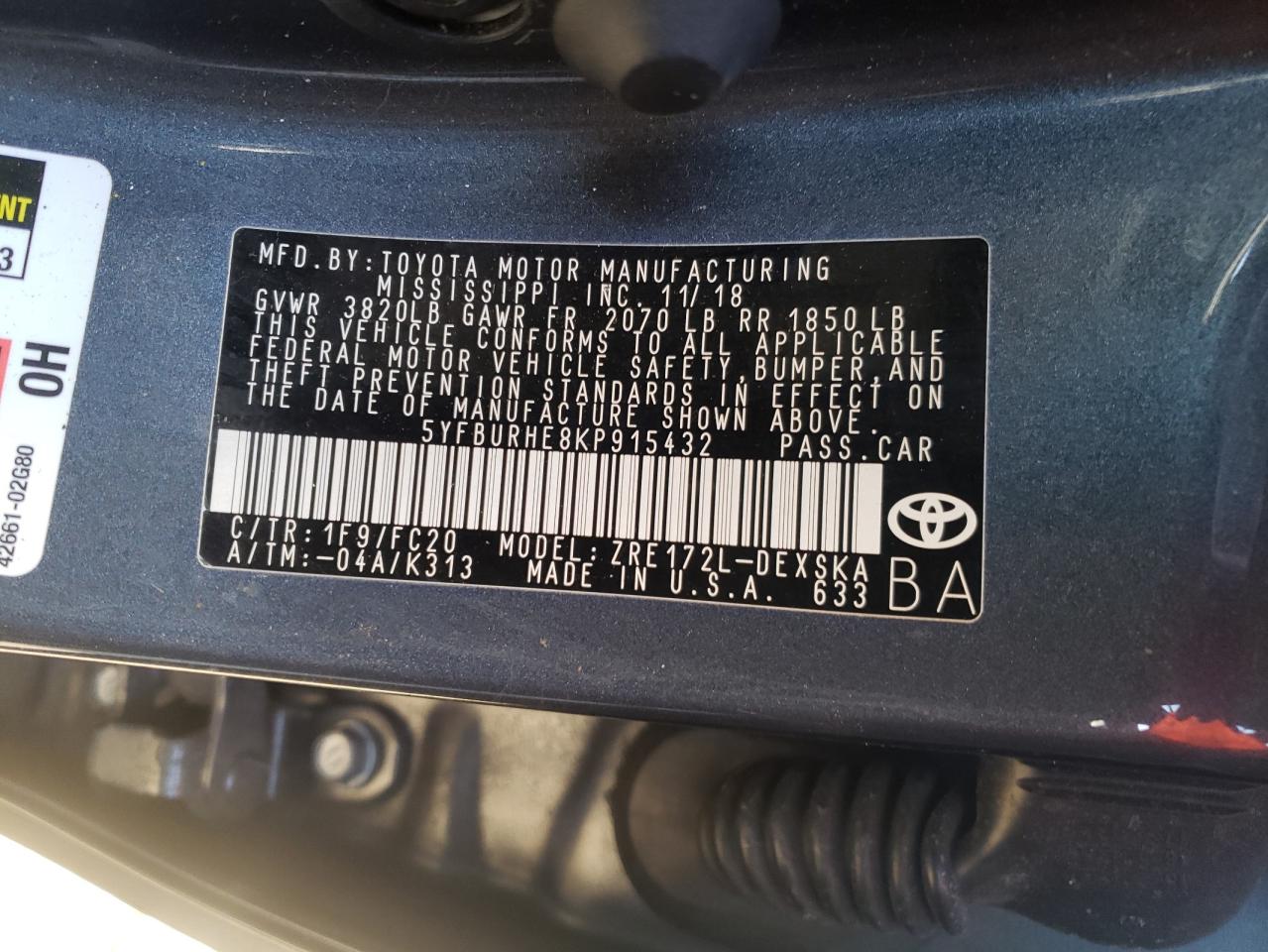 Photo 10 from auction – 2019 TOYOTA COROLLA L with VIN 5YFBURHE8KP915432