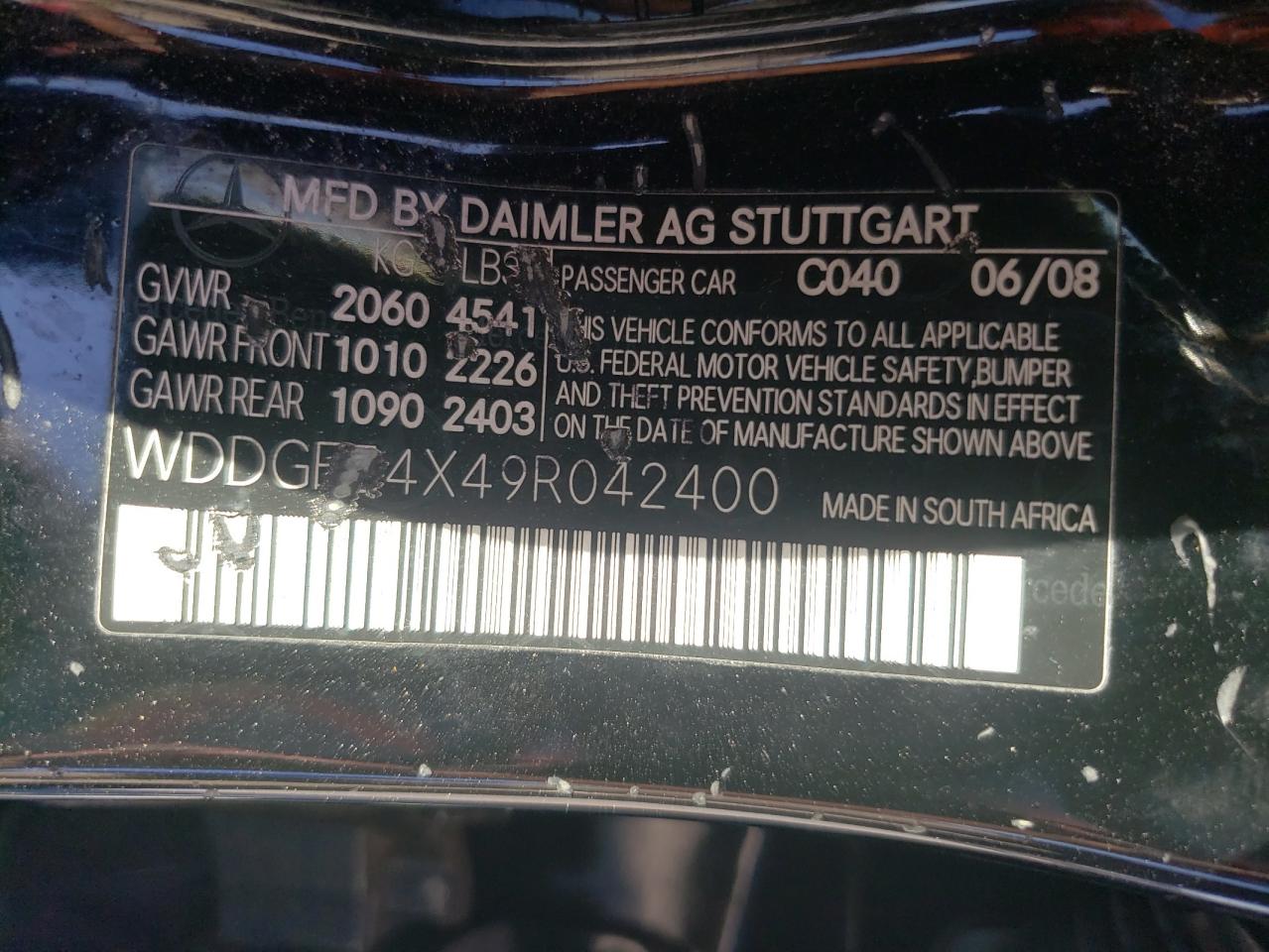 Photo 10 from auction – 2009 MERCURY C300 with VIN WDDGF54X49R042400