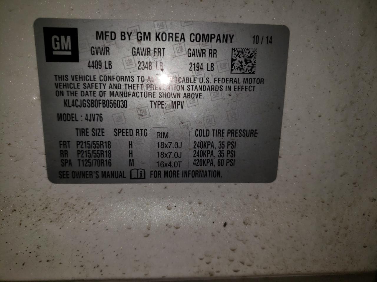Photo 10 from auction – 2015 BUICK ENCORE with VIN KL4CJGSB0FB056030