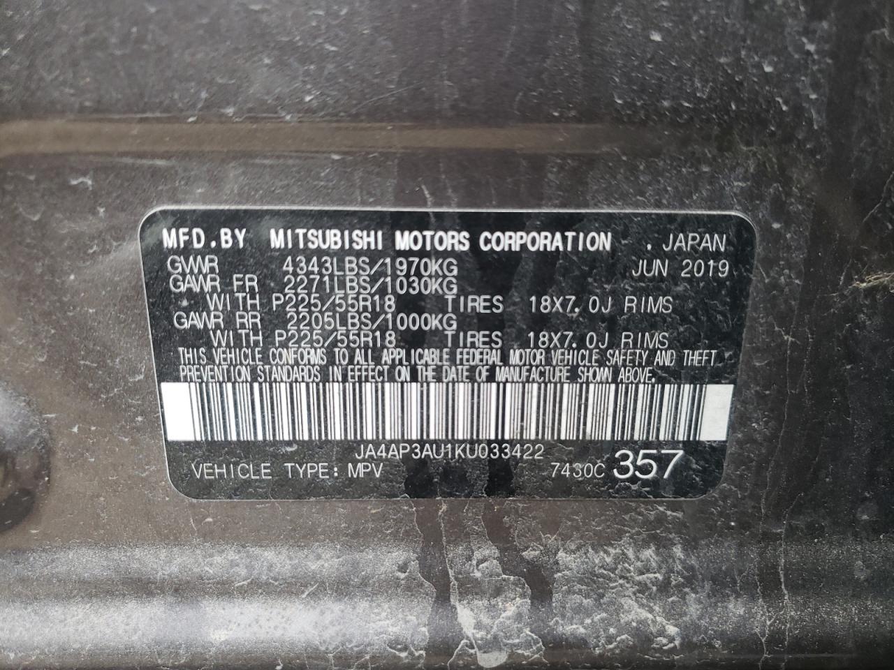 Photo 10 from auction – 2019 MITSUBISHI OUTLANDER with VIN JA4AP3AU1KU033422