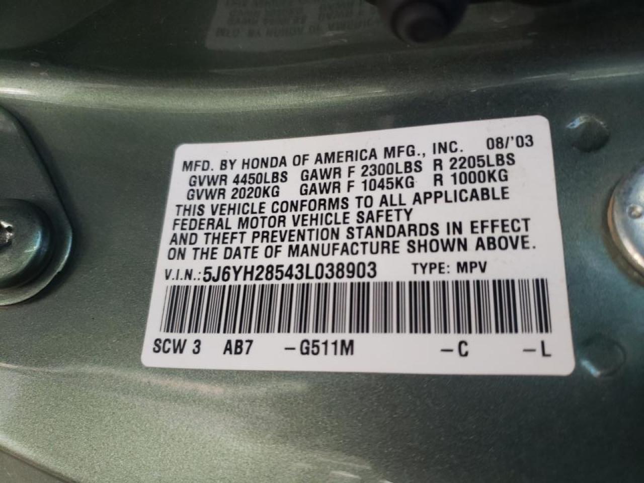 Photo 10 from auction – 2003 HONDA ELEMENT EX with VIN 5J6YH28543L038903