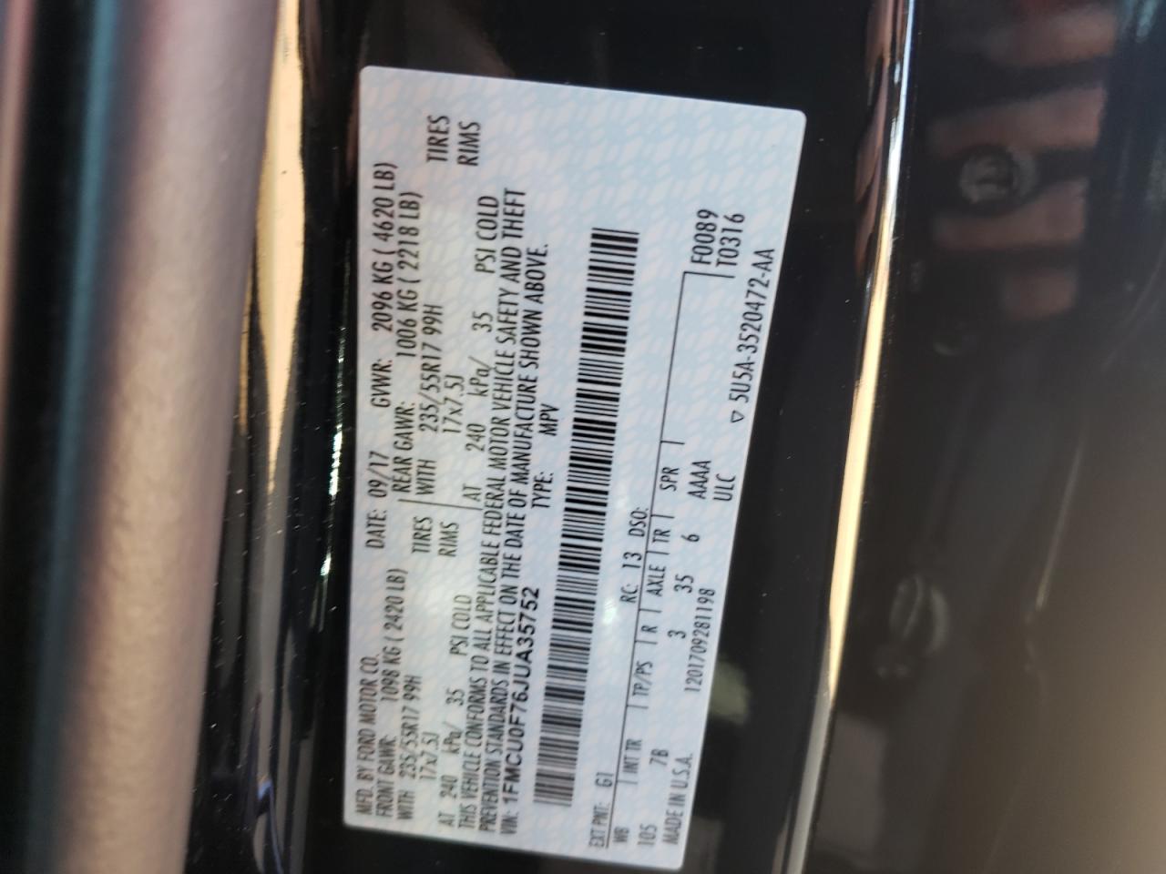Photo 10 from auction – 2018 FORD ESCAPE S with VIN 1FMCU0F76JUA35752