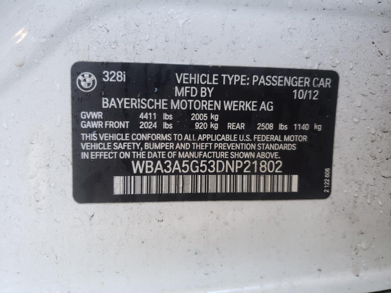 Photo 10 from auction – 2013 BMW 328 I with VIN WBA3A5G53DNP21802