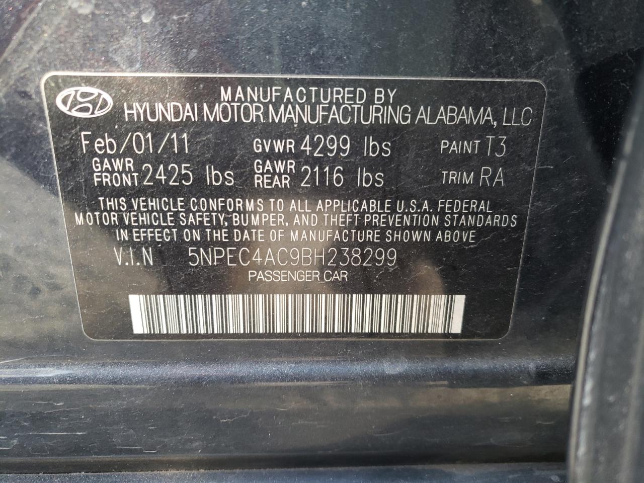 Photo 10 from auction – 2011 HYUNDAI SONATA SE with VIN 5NPEC4AC9BH238299