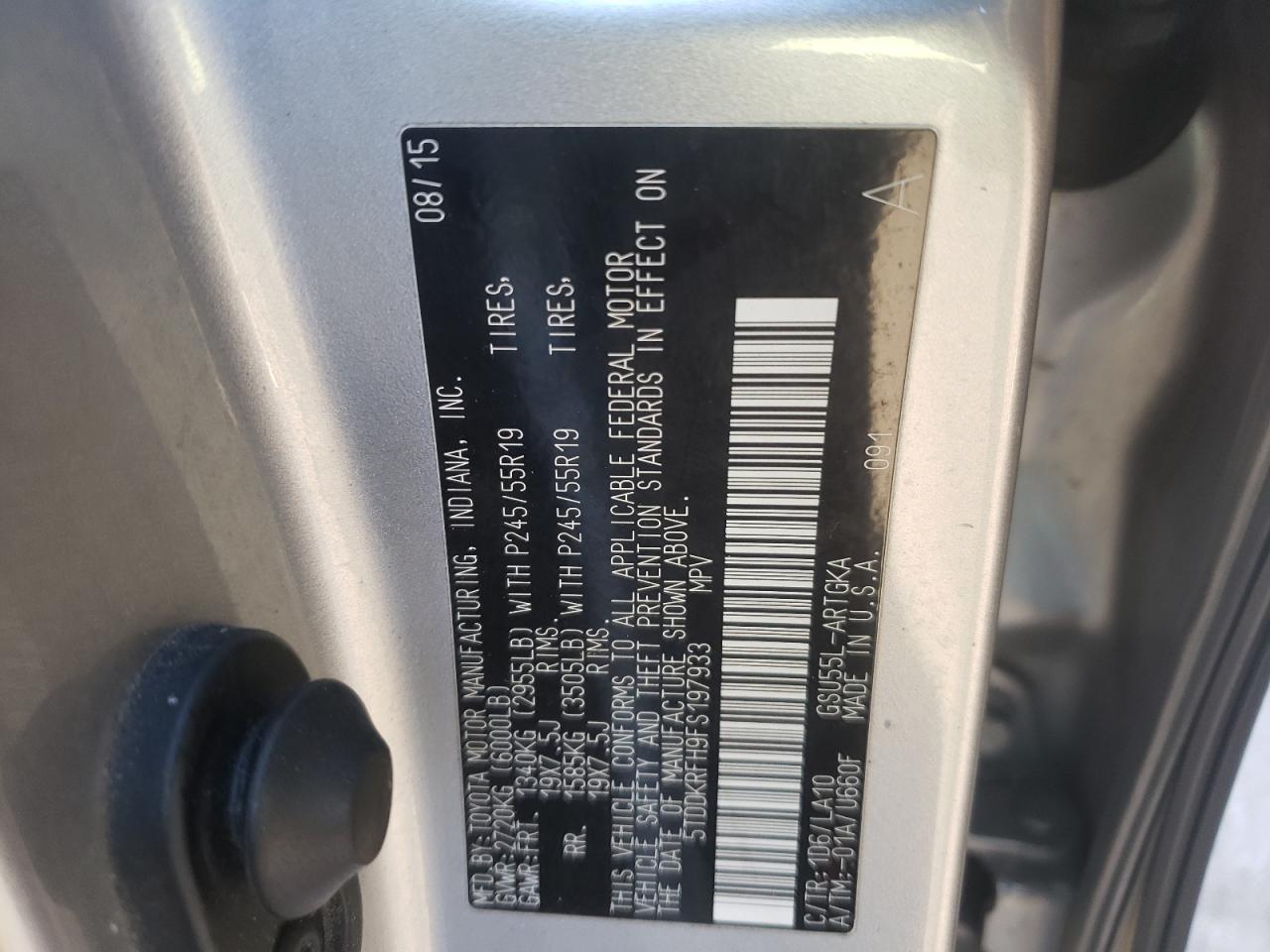 Photo 10 from auction – 2015 TOYOTA HIGHLANDER with VIN 5TDDKRFH9FS197933