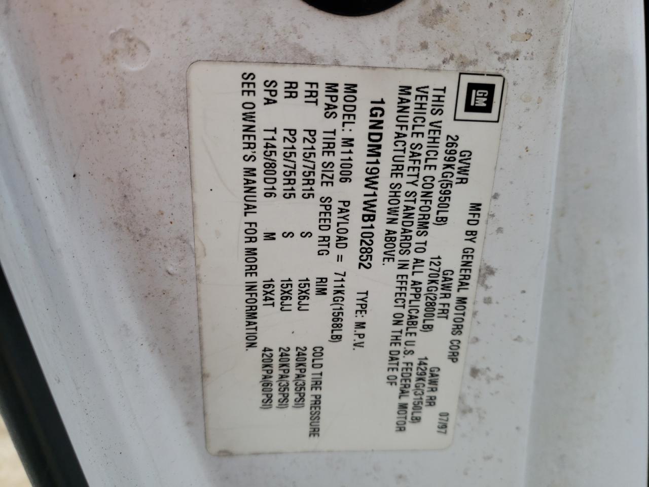 Photo 10 from auction – 1998 CHEVROLET ASTRO with VIN 1GNDM19W1WB102852
