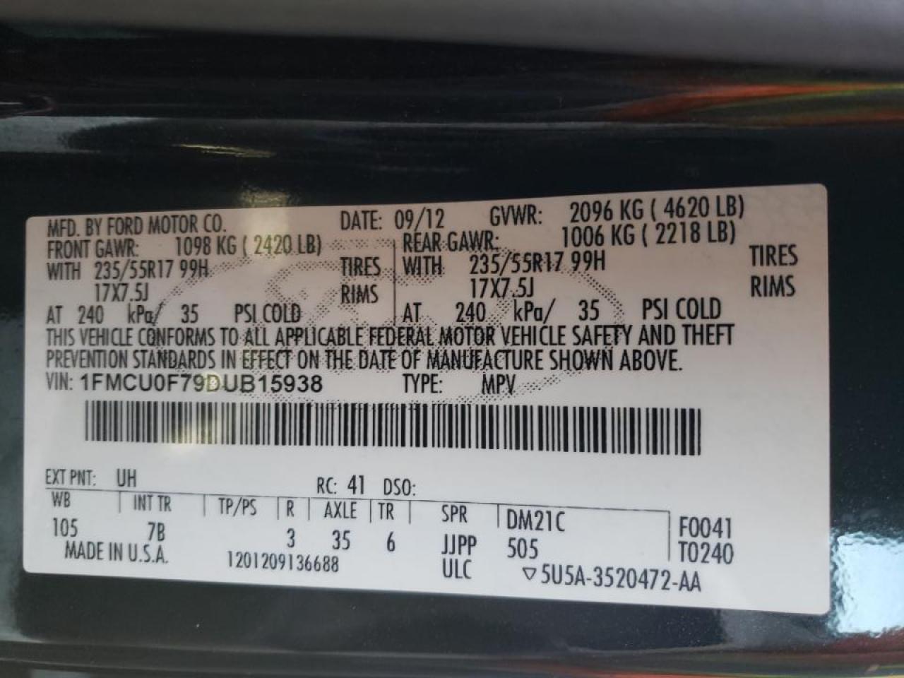 Photo 10 from auction – 2013 FORD ESCAPE S with VIN 1FMCU0F79DUB15938