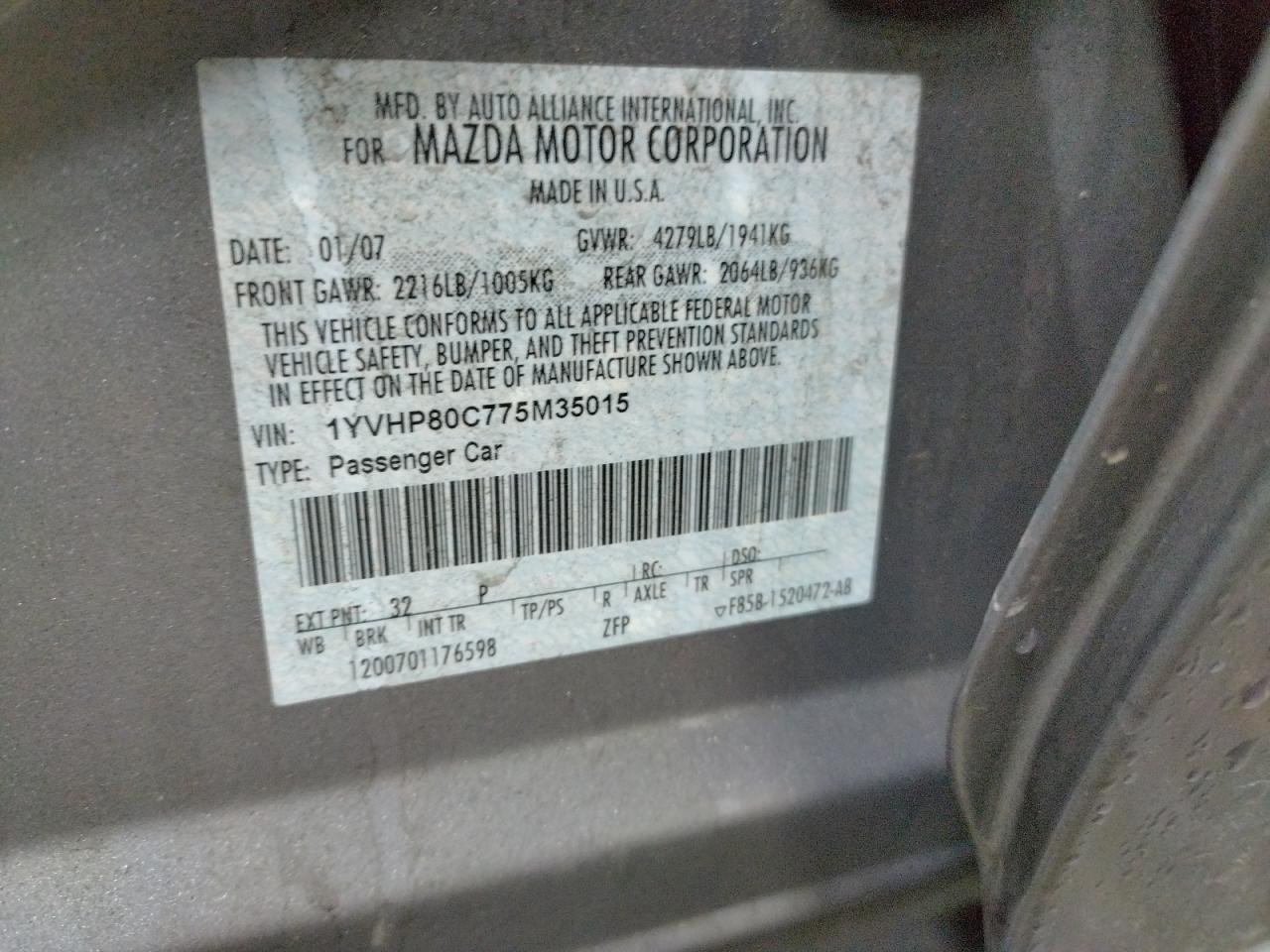 Photo 10 from auction – 2007 MAZDA 6 I with VIN 1YVHP80C775M35015