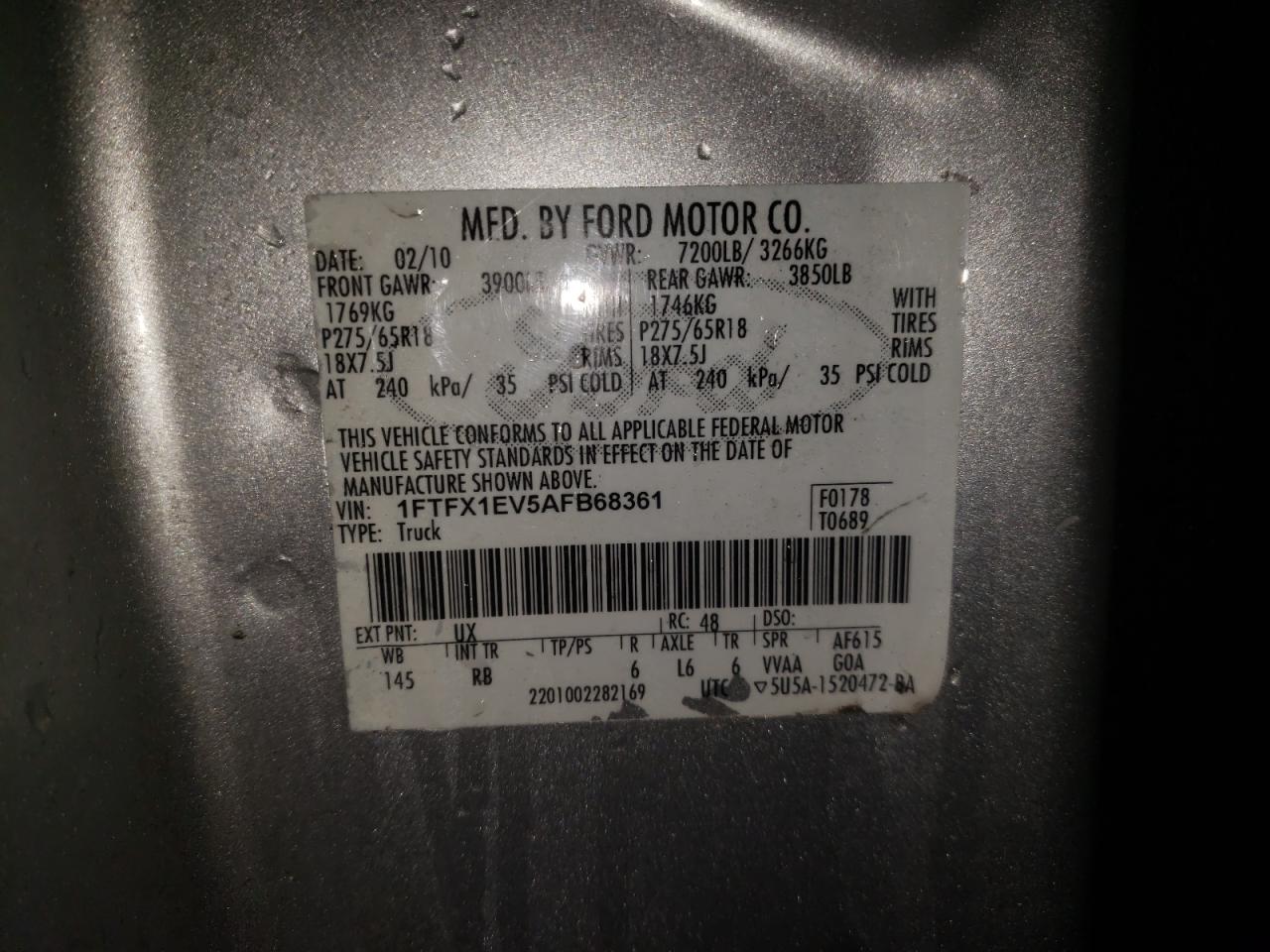 Photo 10 from auction – 2010 FORD F150 SUPER with VIN 1FTFX1EV5AFB68361