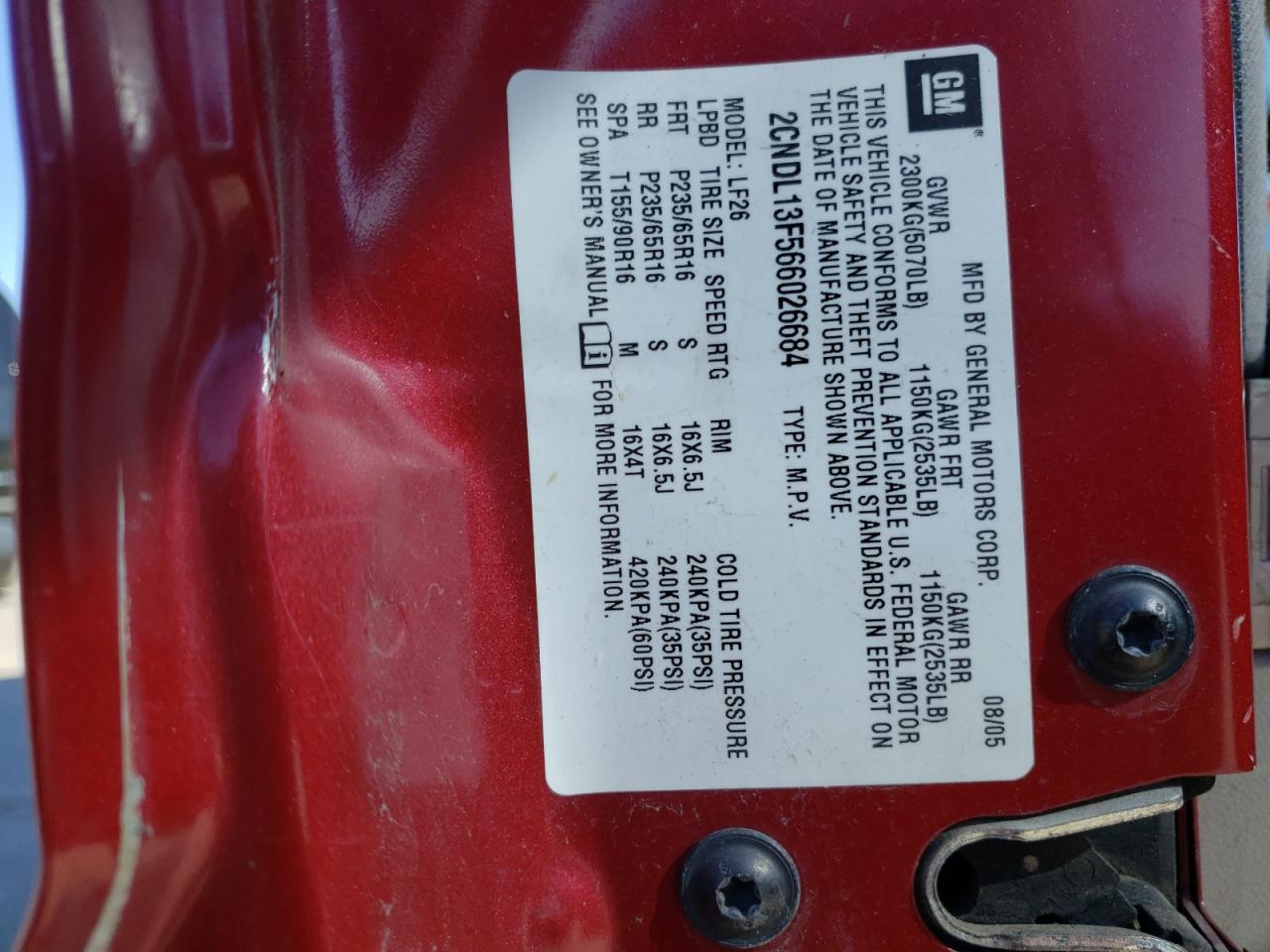 Photo 10 from auction – 2006 CHEVROLET EQUINOX with VIN 2CNDL13F566026684