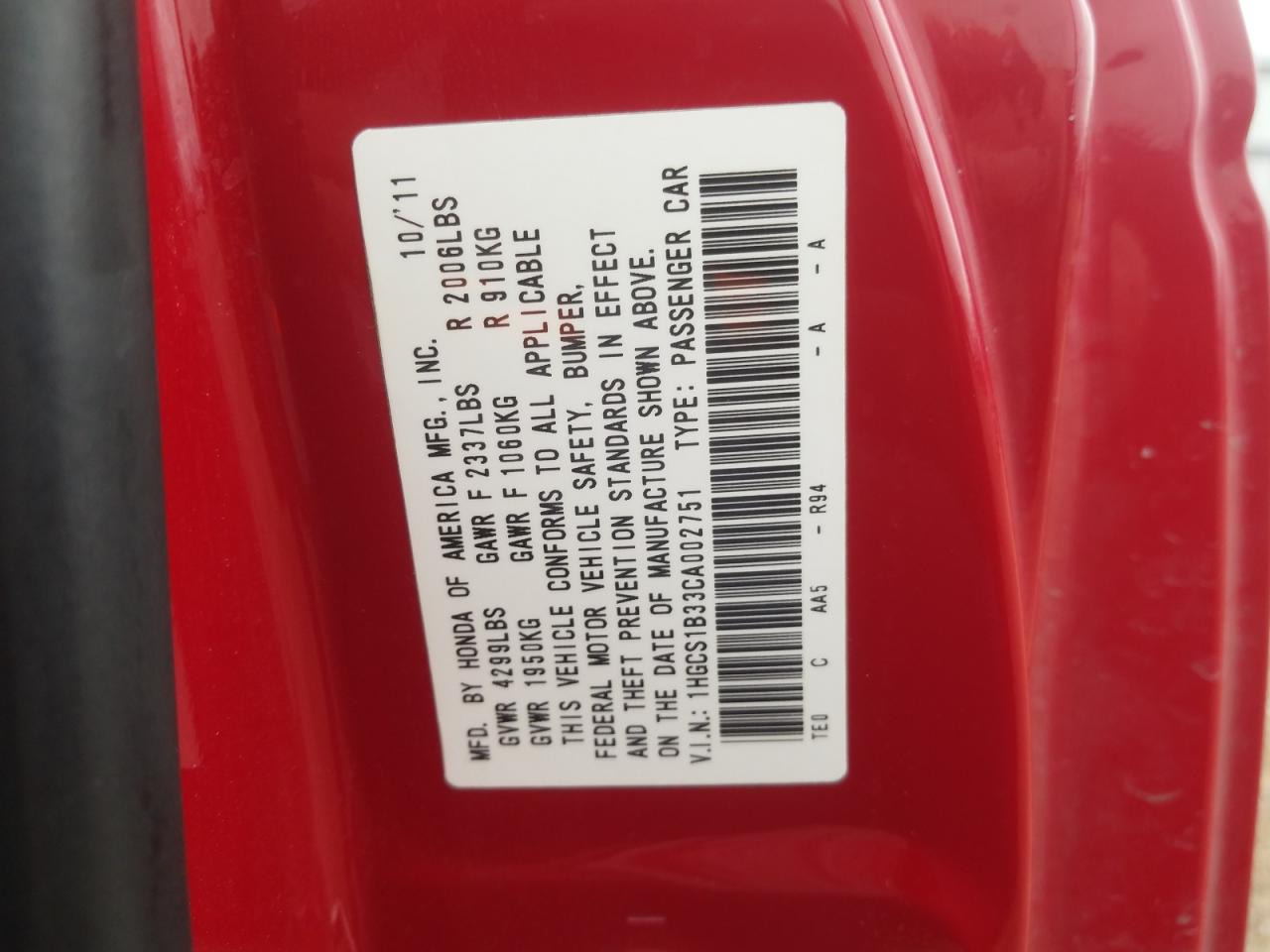 Photo 10 from auction – 2012 HONDA ACCORD LX with VIN 1HGCS1B33CA002751