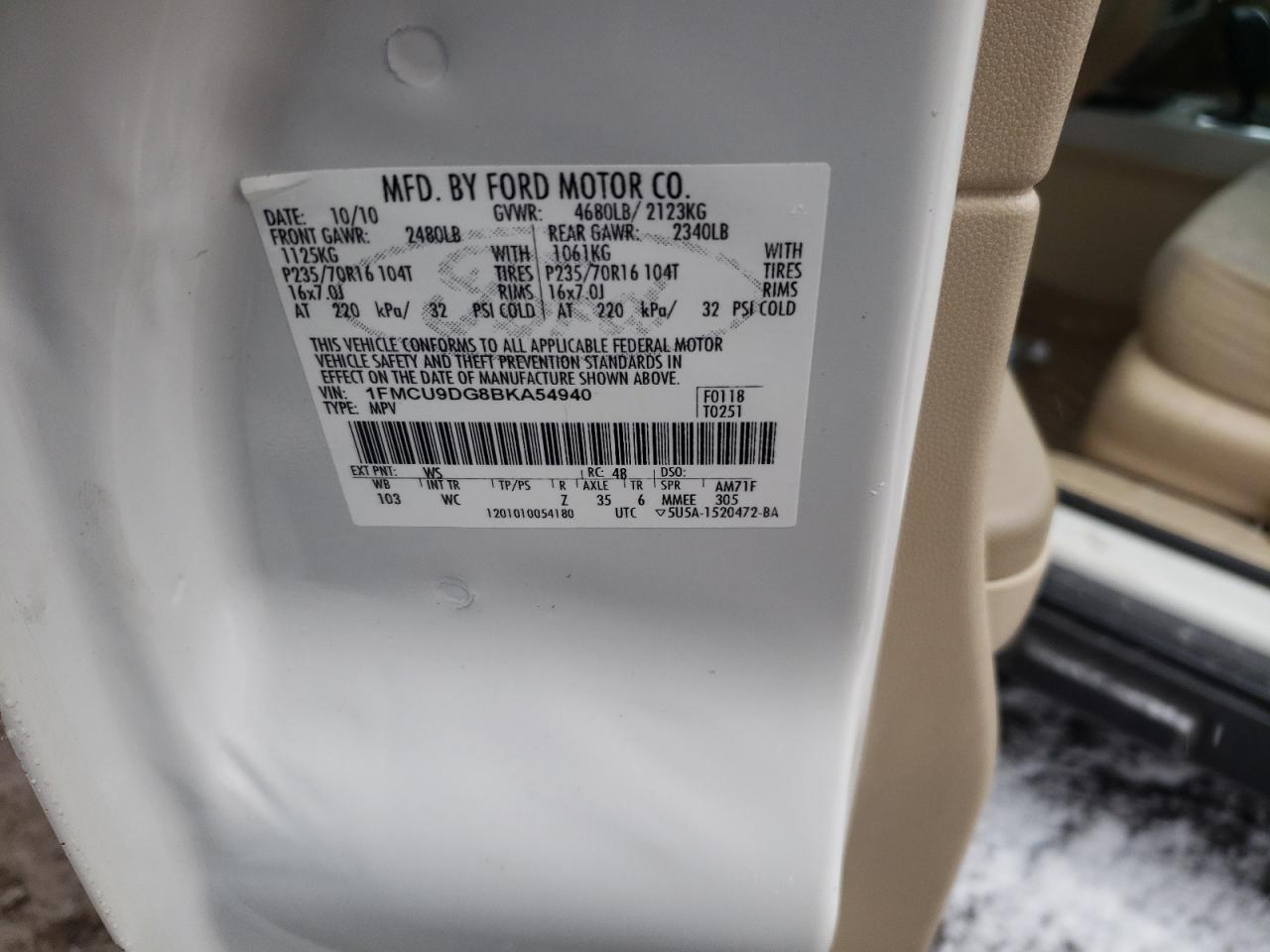 Photo 10 from auction – 2011 FORD ESCAPE XLT with VIN 1FMCU9DG8BKA54940