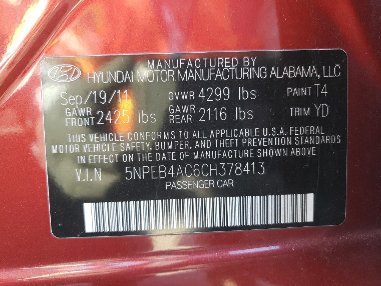 Photo 10 from auction – 2012 HYUNDAI SONATA GLS with VIN 5NPEB4AC6CH378413