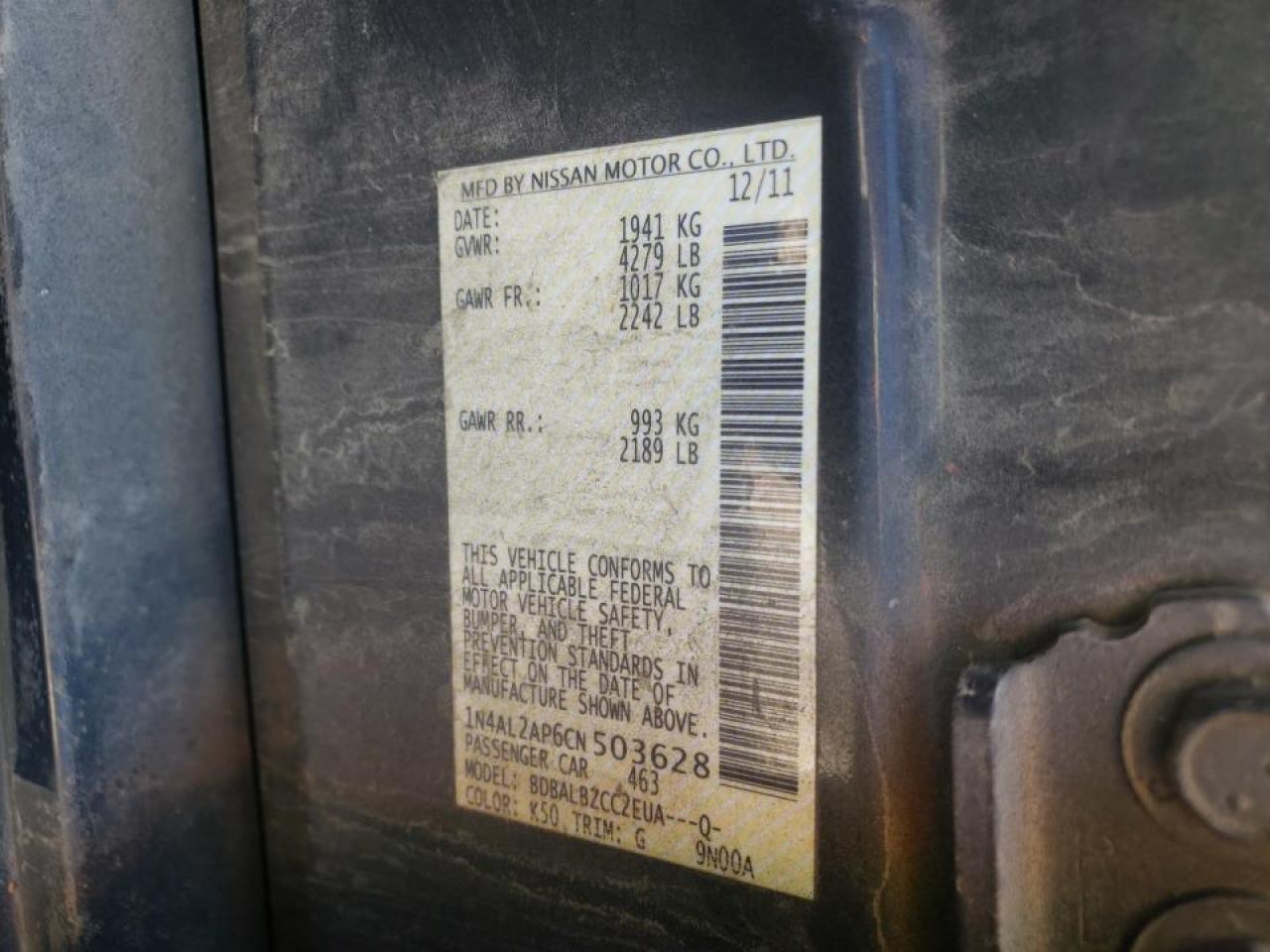 Photo 10 from auction – 2012 NISSAN ALTIMA BAS with VIN 1N4AL2AP6CN503628