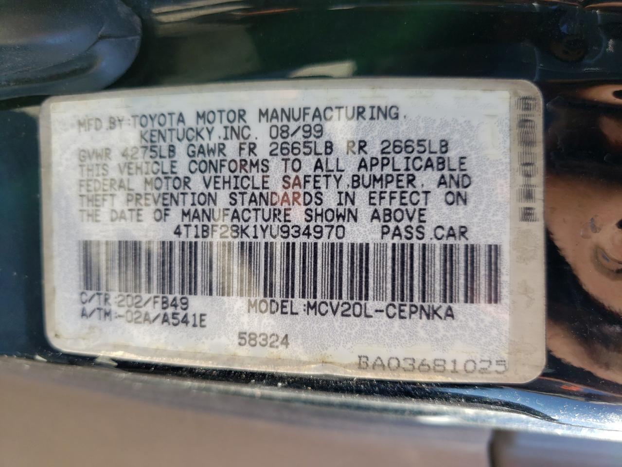 Photo 10 from auction – 2000 TOYOTA CAMRY LE with VIN 4T1BF28K1YU934970