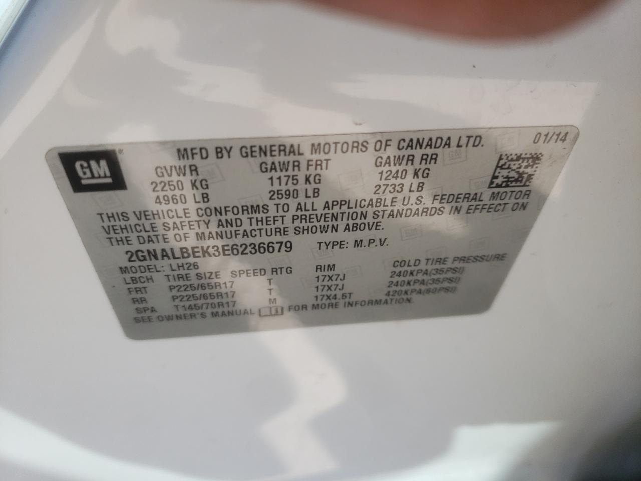 Photo 10 from auction – 2014 CHEVROLET EQUINOX LT with VIN 2GNALBEK3E6236679