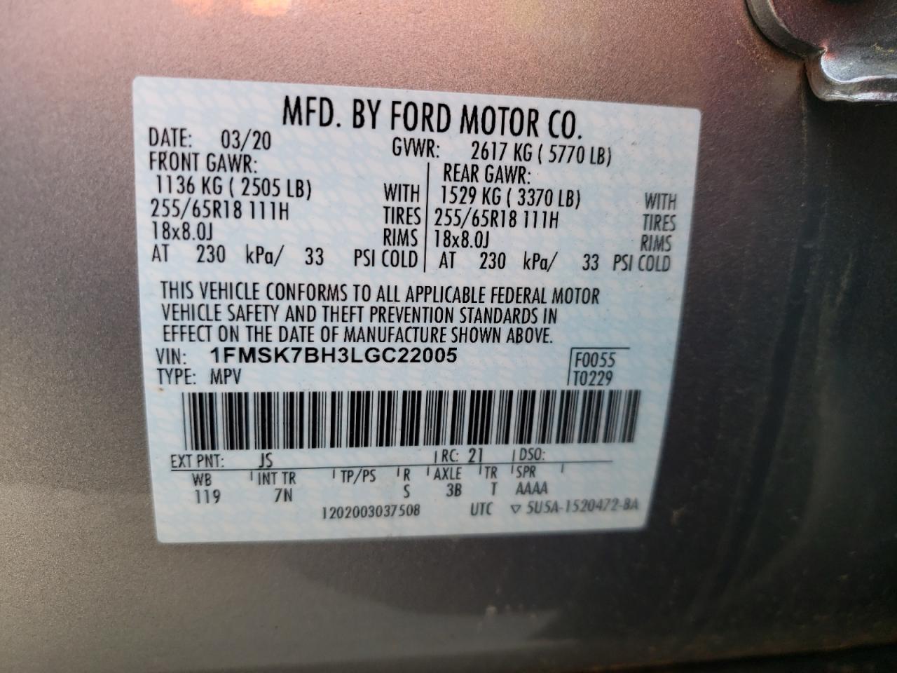 Photo 10 from auction – 2020 FORD EXPLORER with VIN 1FMSK7BH3LGC22005