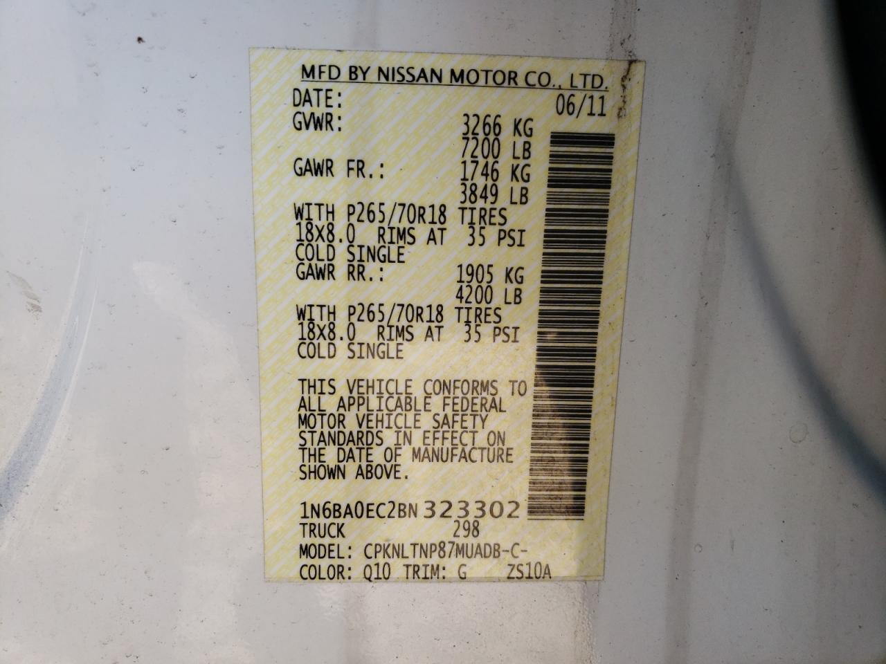 Photo 10 from auction – 2011 NISSAN TITAN S with VIN 1N6BA0EC2BN323302