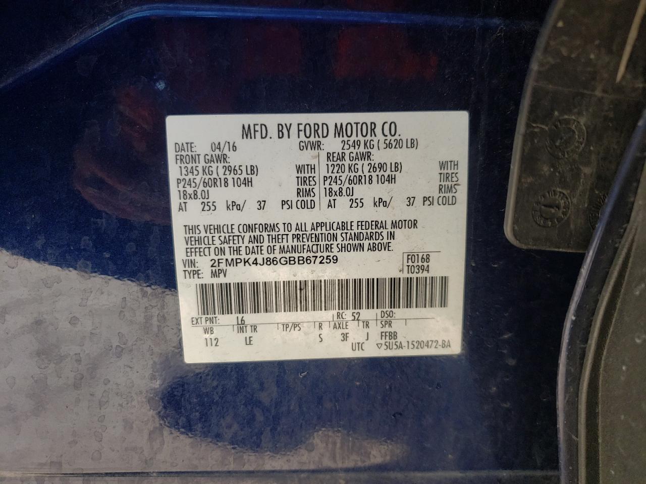 Photo 10 from auction – 2016 FORD EDGE SEL with VIN 2FMPK4J86GBB67259